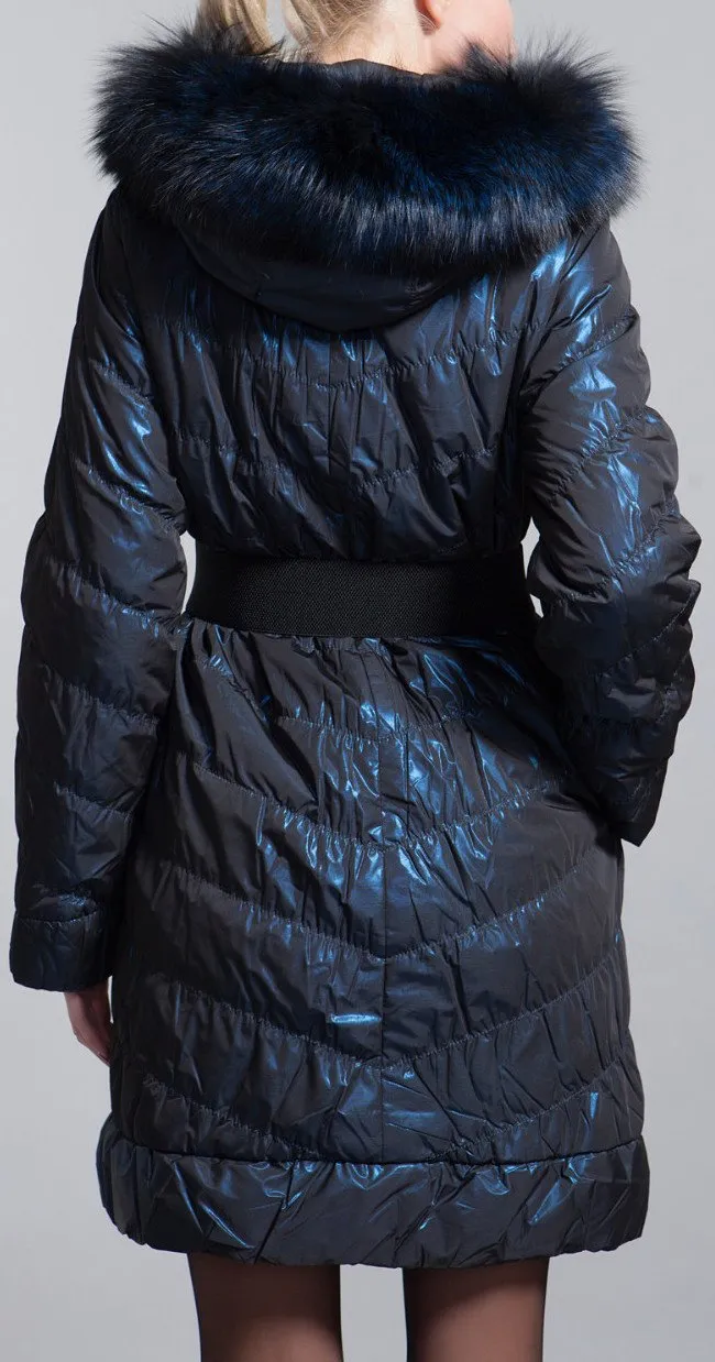 Fur-Hooded Paneled Down Coat, Blue