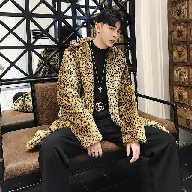 Gorgeous Leopard Pattern Style Men Faux Fur Coat