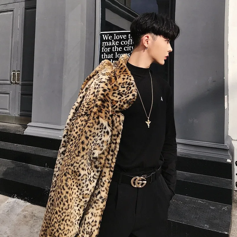 Gorgeous Leopard Pattern Style Men Faux Fur Coat