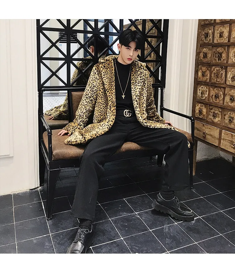 Gorgeous Leopard Pattern Style Men Faux Fur Coat