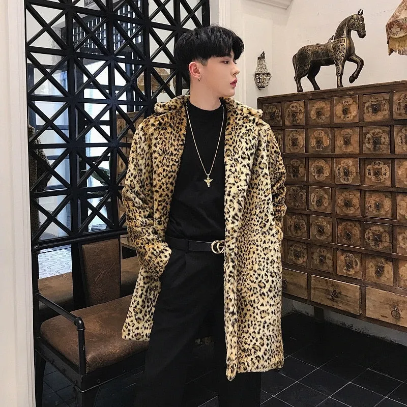 Gorgeous Leopard Pattern Style Men Faux Fur Coat