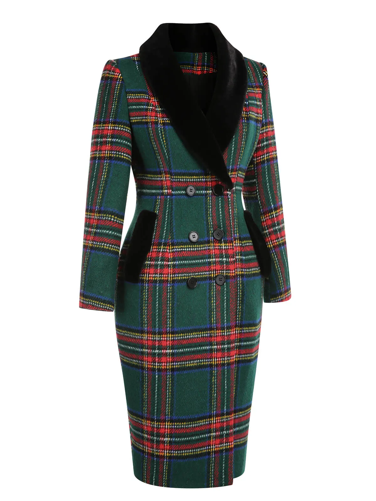 Green 1960s Plaid Fur Collar Pencil Coat