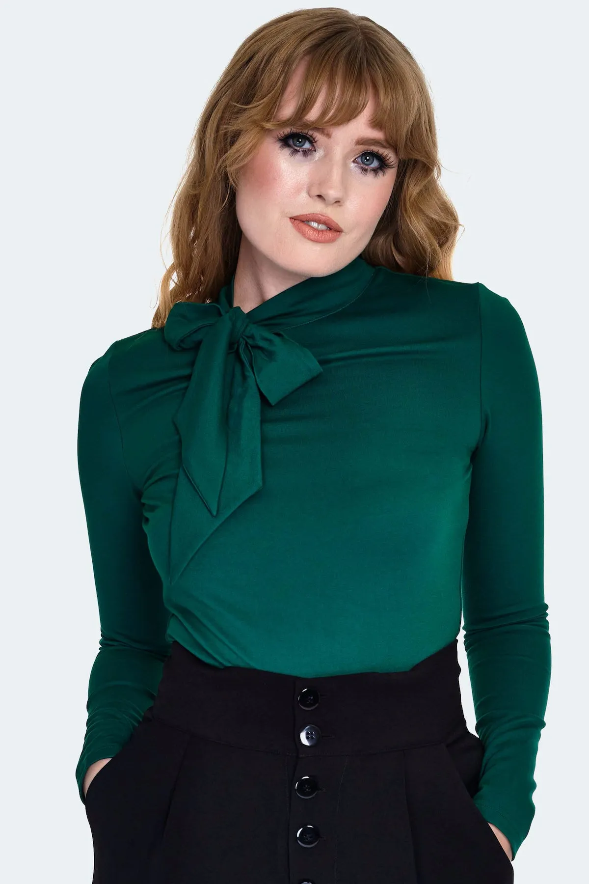 Green Tie Neck Jersey Top by Voodoo Vixen