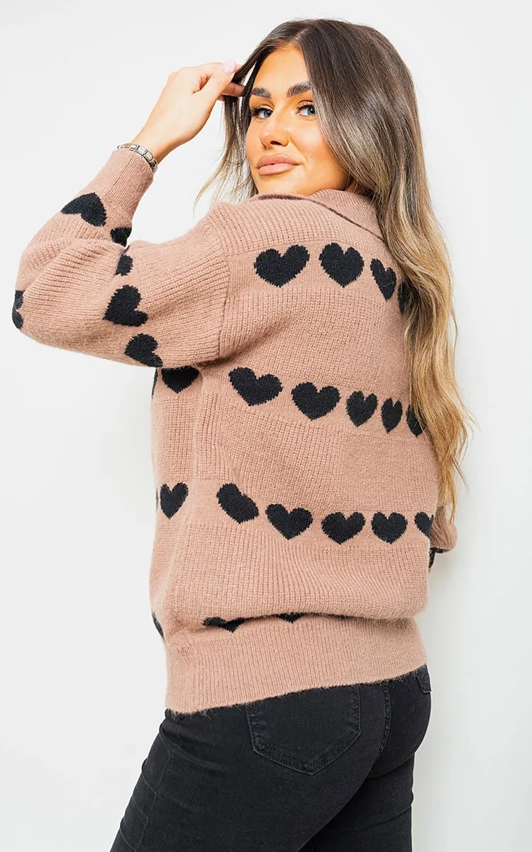 Heart Prints Zip High Neck Knitted Jumper