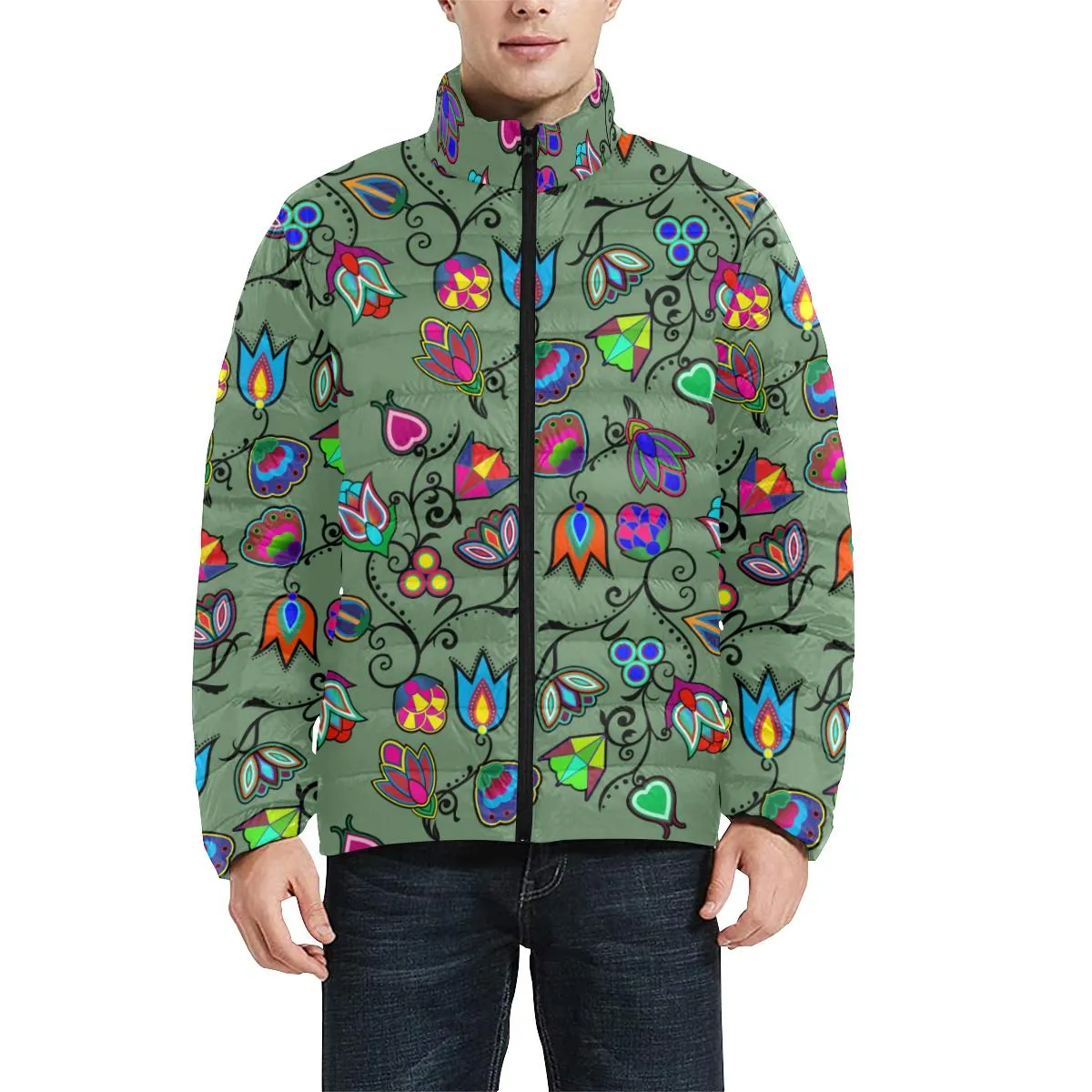 Indigenous Paisley Dark Sea Men's Stand Collar Padded Jacket