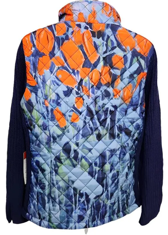 Jacket Quilted Zipper Front Knit Sleeve Blue / Orange Women's 91763