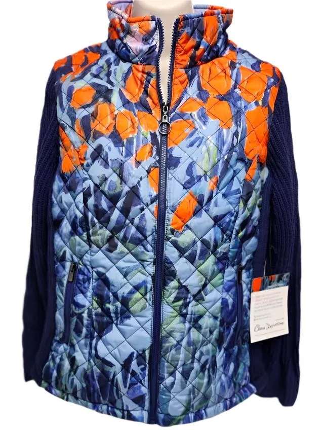 Jacket Quilted Zipper Front Knit Sleeve Blue / Orange Women's 91763