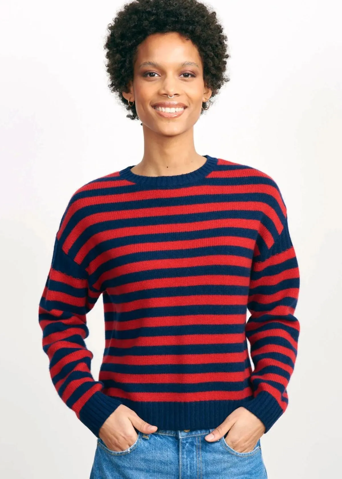 JUMPER 1234 Stripe Cashmere Guernsey Sweater - Navy/Red