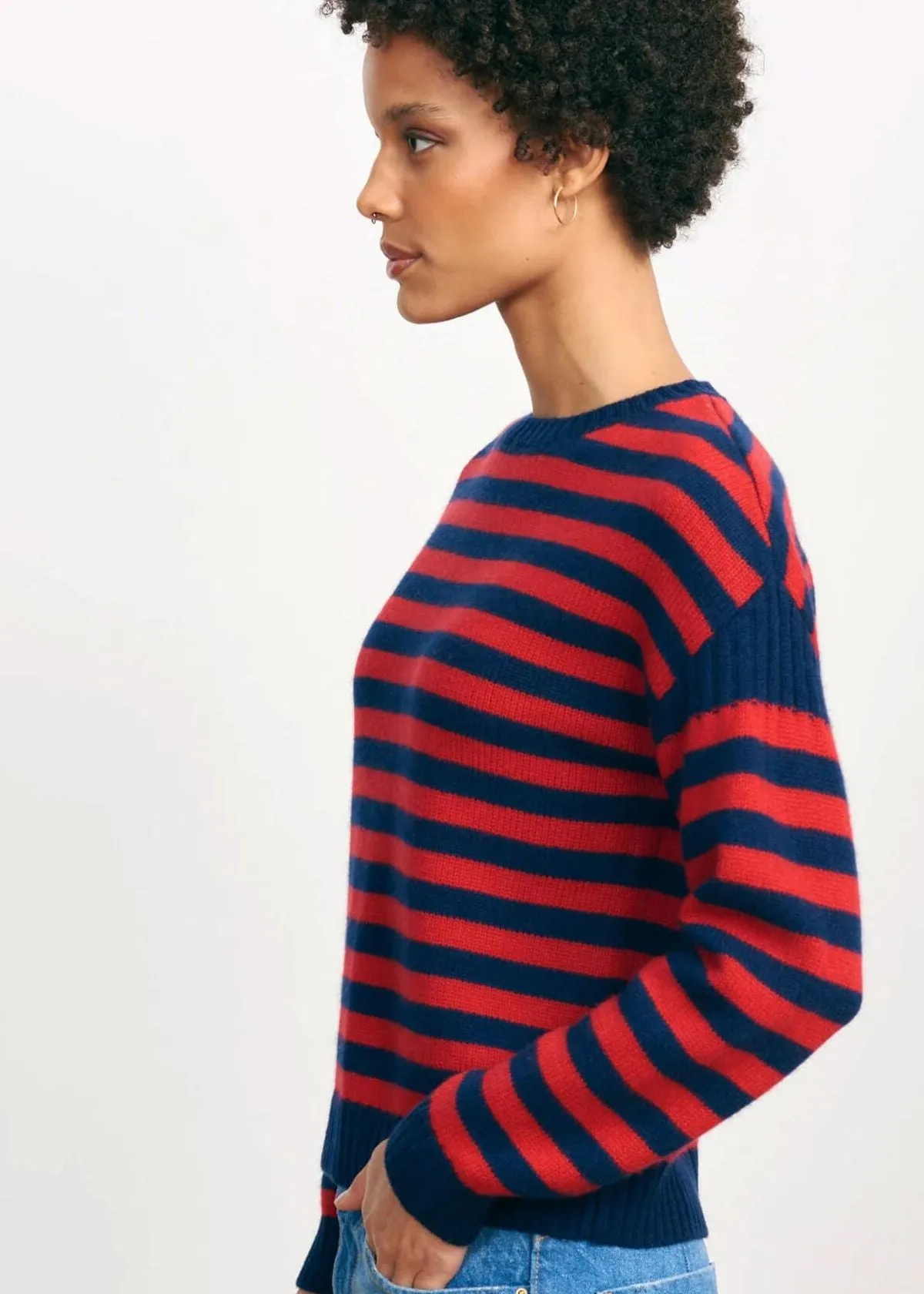 JUMPER 1234 Stripe Cashmere Guernsey Sweater - Navy/Red