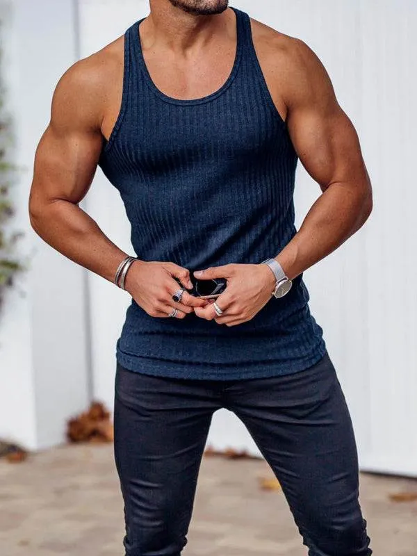 Knitted Vertical Stripes Fitness Sports Slim Vest Men's Racerback Vest