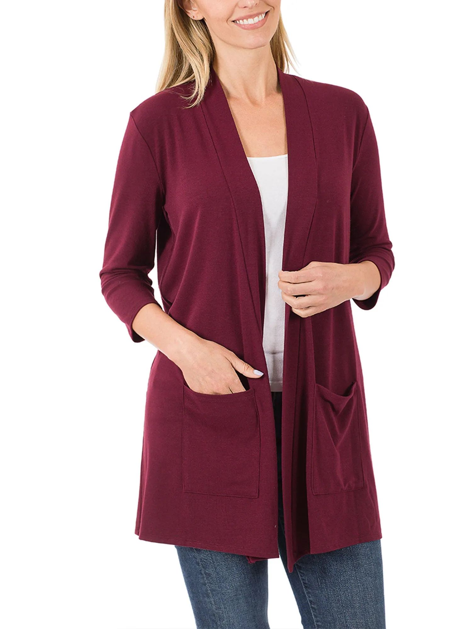 KOGMO Womens 3/4 Sleeve Open Front Cardigan with Pockets