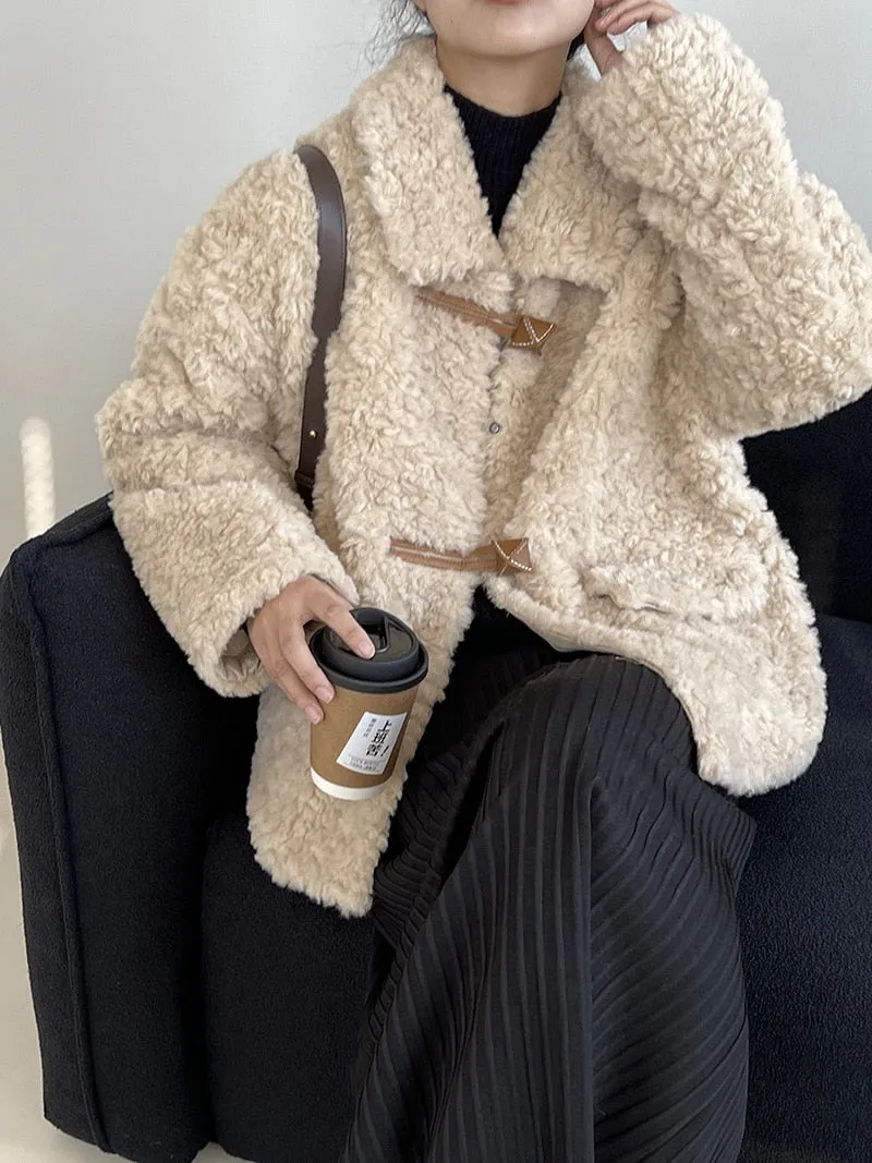 [Korean Style] Faux Lamb Fur Collared Duffle Coat