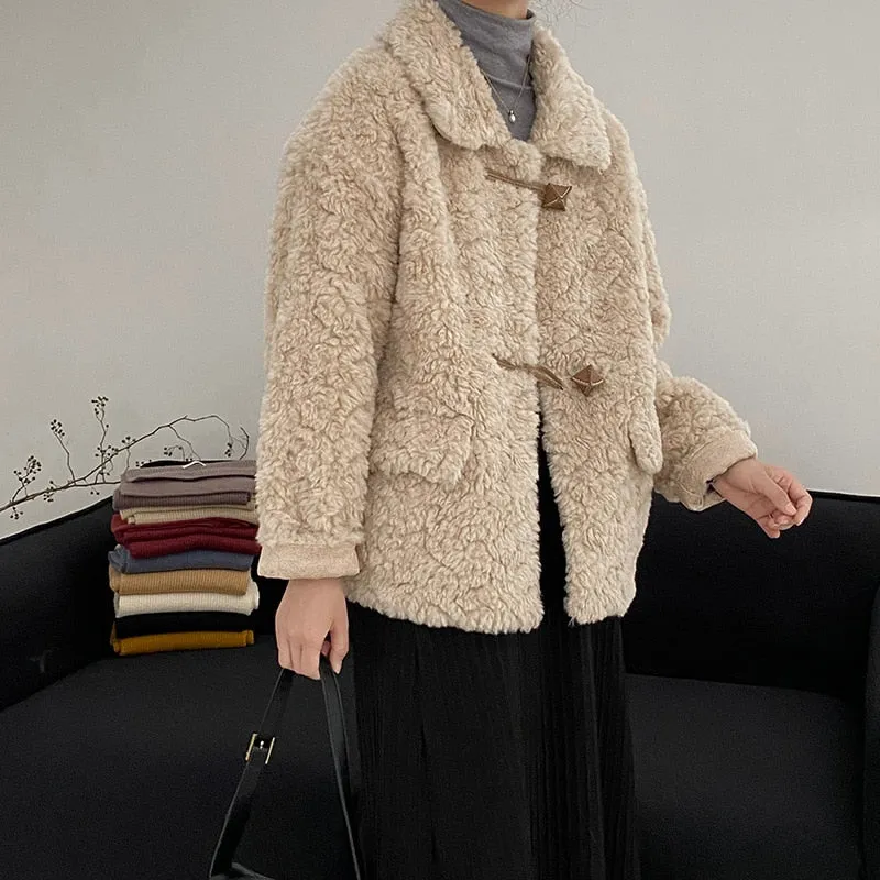 [Korean Style] Faux Lamb Fur Collared Duffle Coat