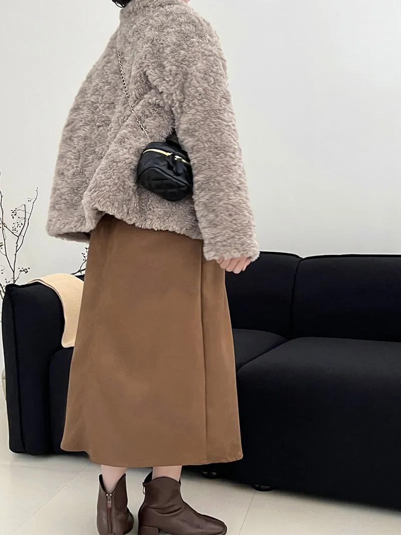 [Korean Style] Faux Lamb Fur Collared Duffle Coat