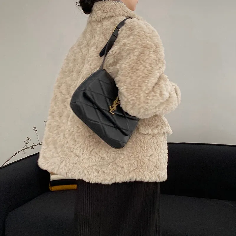 [Korean Style] Faux Lamb Fur Collared Duffle Coat