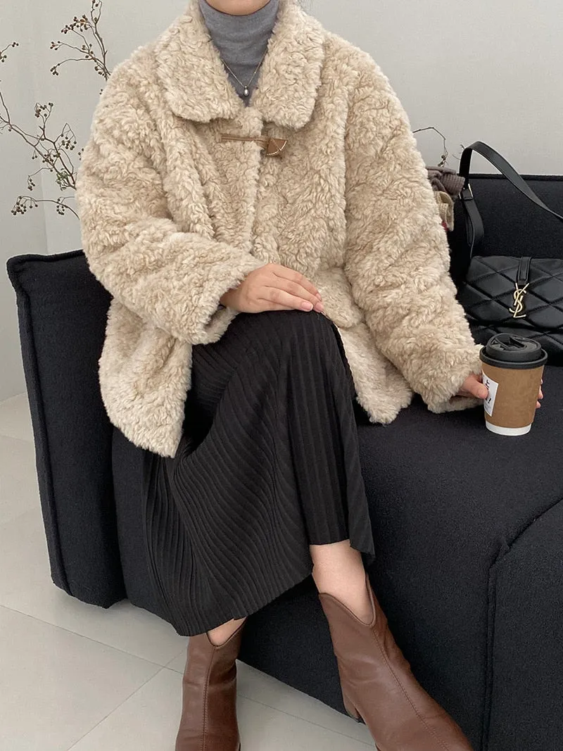 [Korean Style] Faux Lamb Fur Collared Duffle Coat