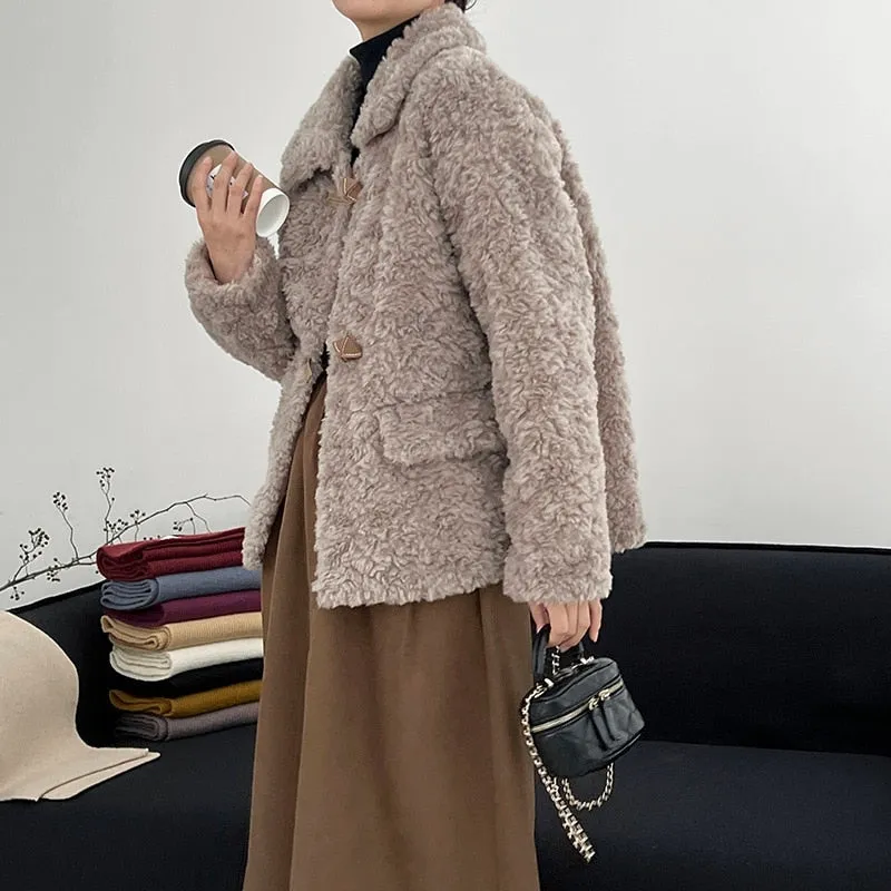 [Korean Style] Faux Lamb Fur Collared Duffle Coat