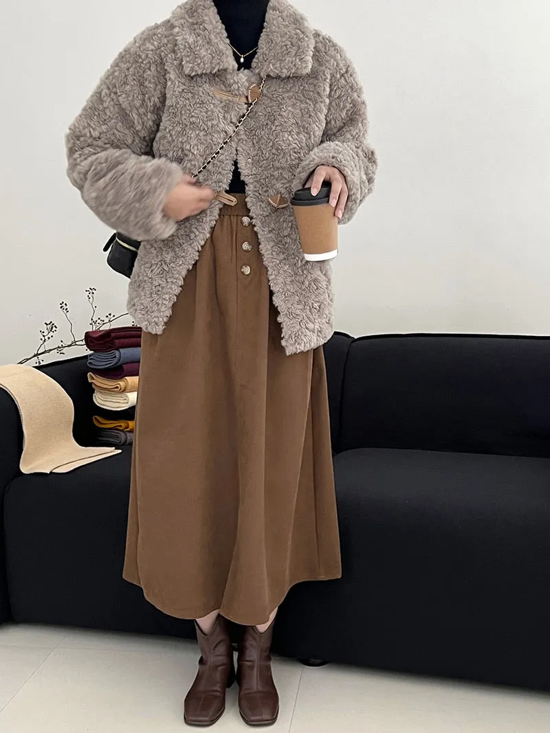 [Korean Style] Faux Lamb Fur Collared Duffle Coat