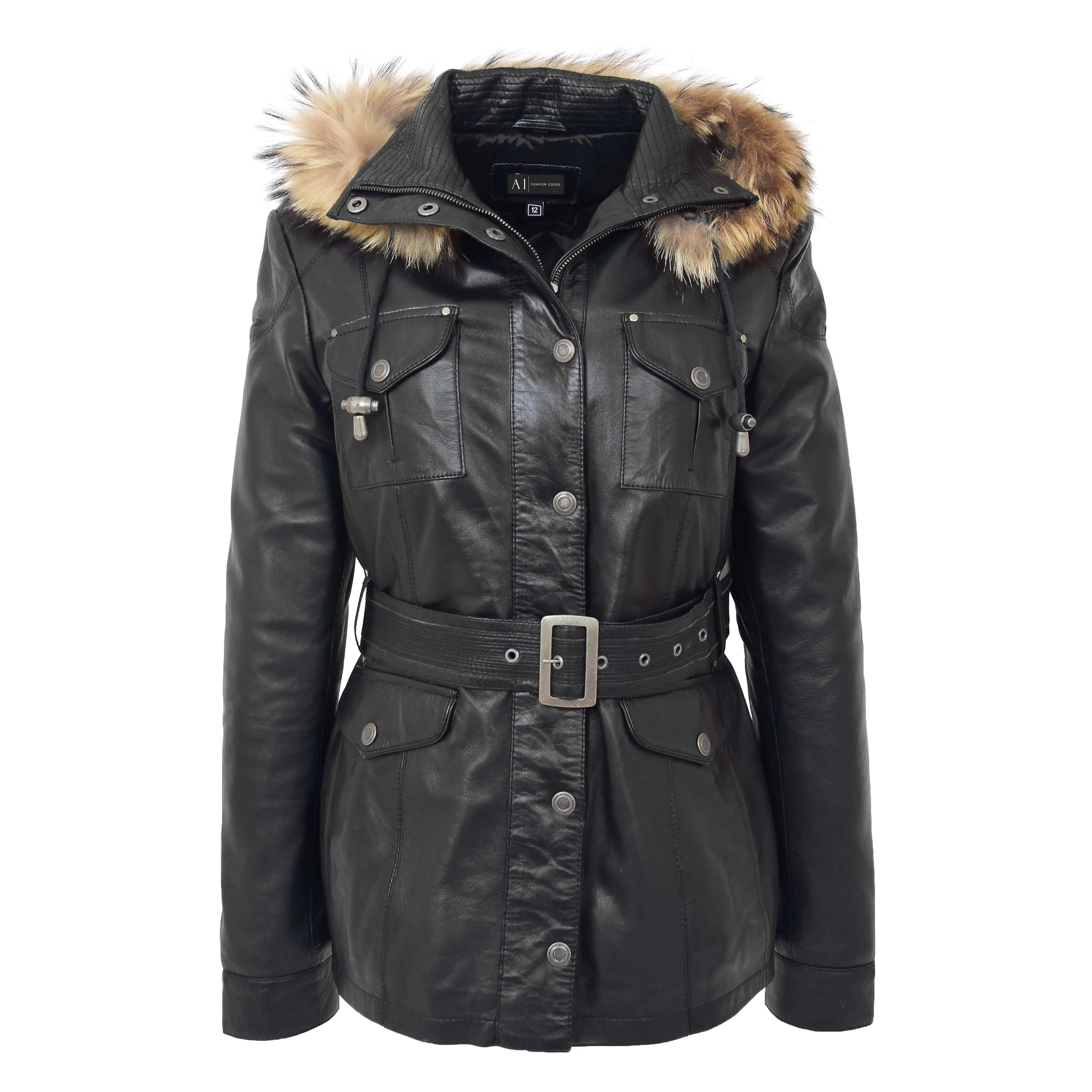 Ladies Black Leather Duffle Coat Belted Removable Hood Parka Jacket Sarah