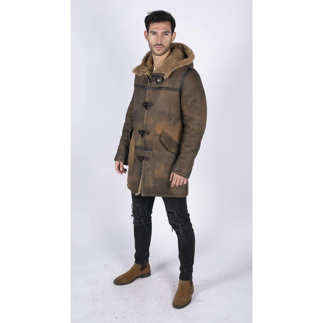 Mens Duffle 3/4 Coat Real Sheepskin Leather Jacket Toggle Classic Retro Brown