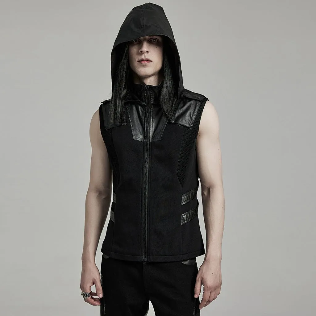 Men's Punk Mesh Splice Faux Leather Vest with Hood