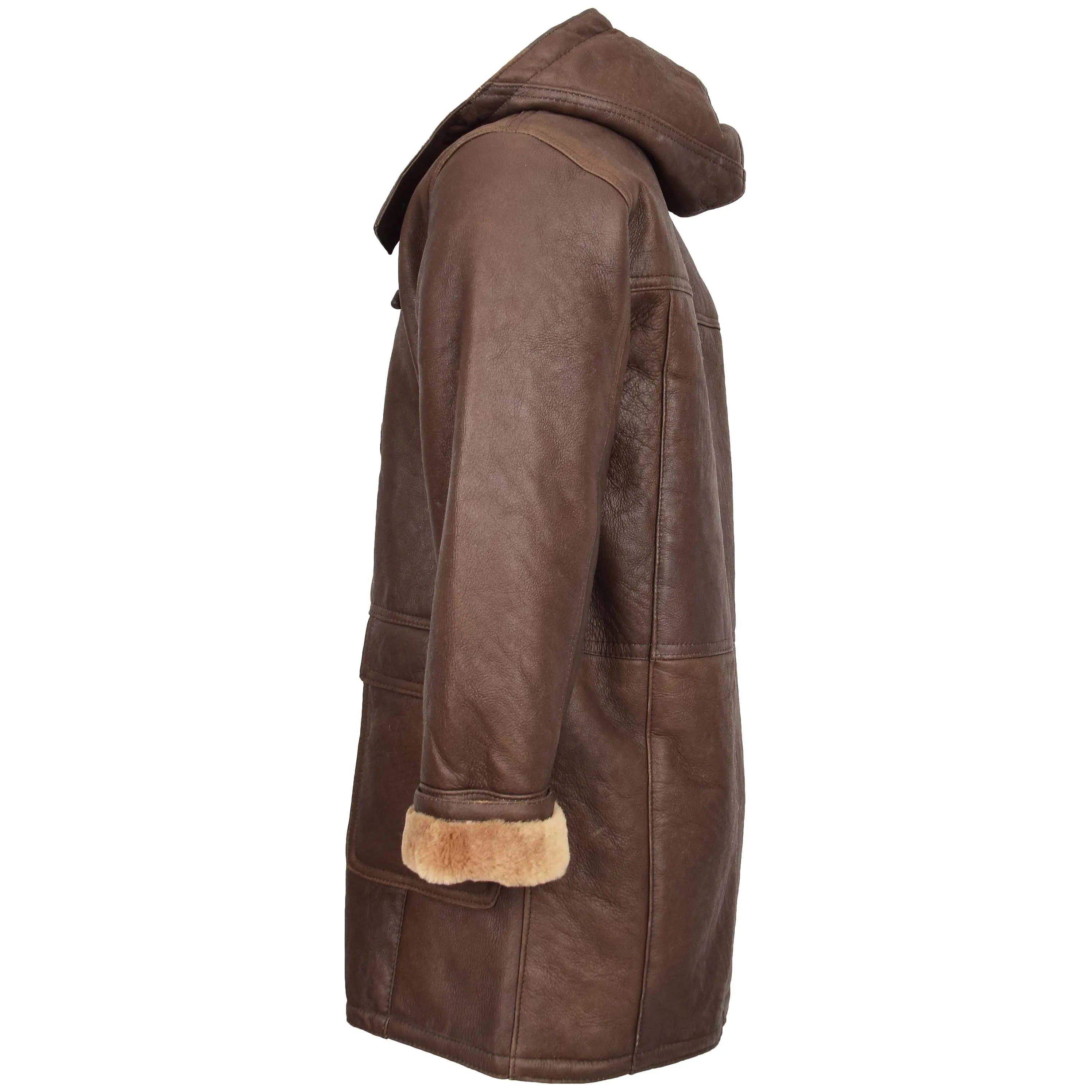 Mens Real Sheepskin Duffle Coat Bain Brown Ginger