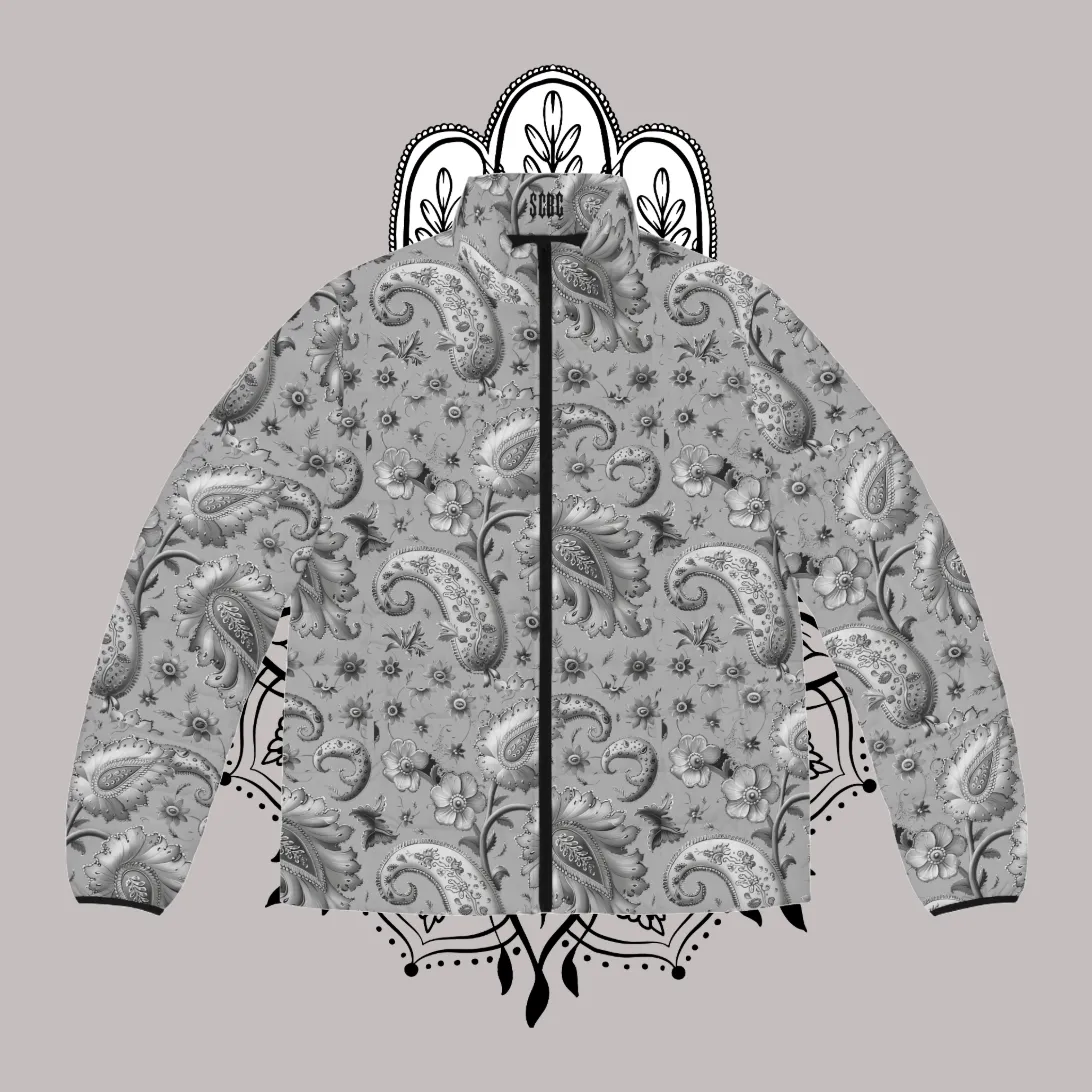 Men's SCBC "El Gris" Puffer Jacket (AOP). Puffer Jacket, Spring, Mens Clothes, Warm Jacket, Lightweight, Paisley Print, Graphic Design.