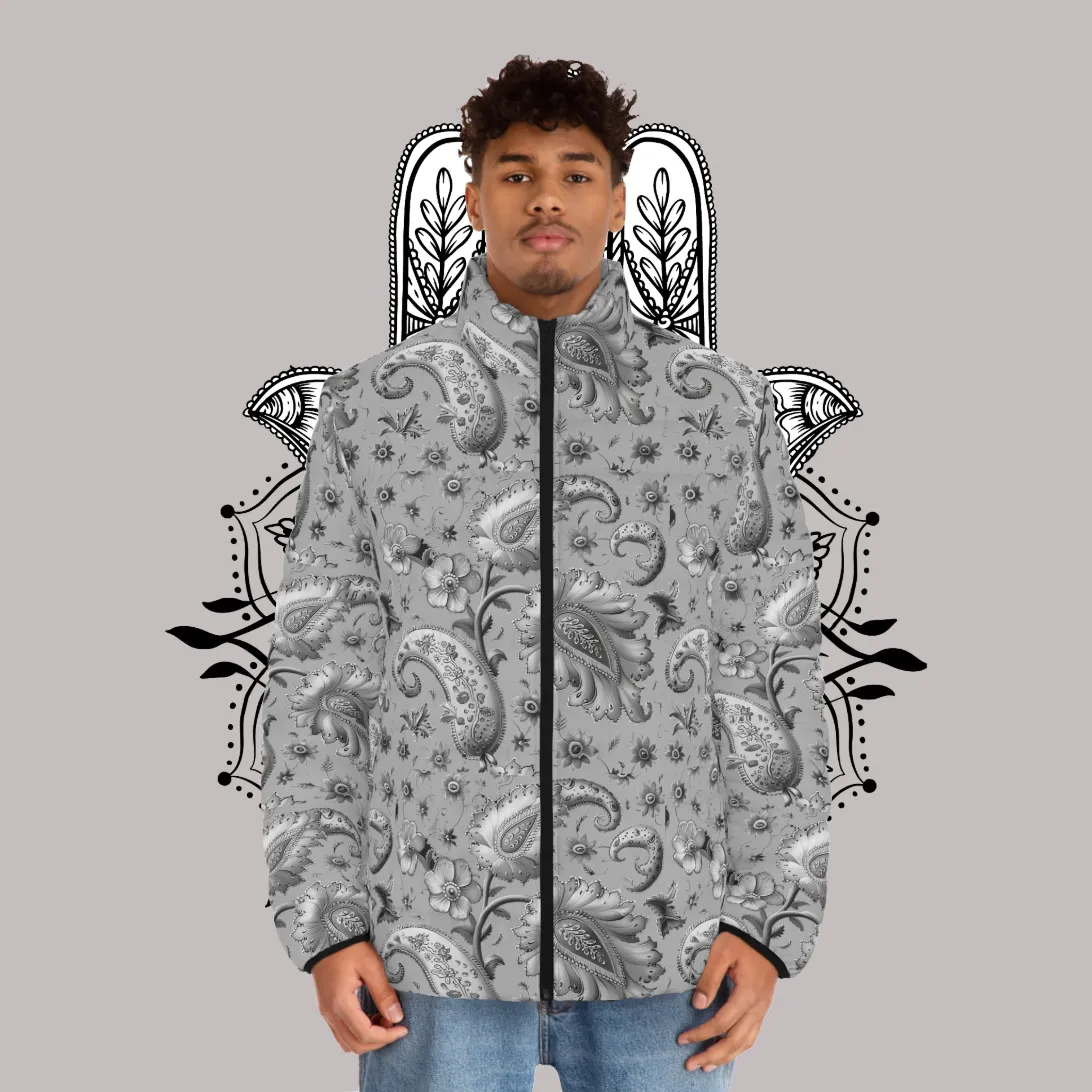 Men's SCBC "El Gris" Puffer Jacket (AOP). Puffer Jacket, Spring, Mens Clothes, Warm Jacket, Lightweight, Paisley Print, Graphic Design.