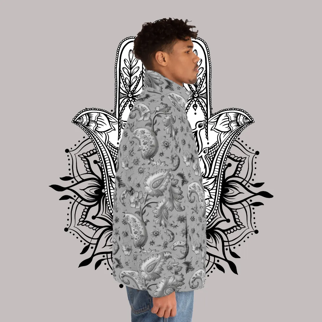 Men's SCBC "El Gris" Puffer Jacket (AOP). Puffer Jacket, Spring, Mens Clothes, Warm Jacket, Lightweight, Paisley Print, Graphic Design.