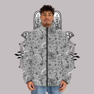 Men's SCBC "El Gris" Puffer Jacket (AOP). Puffer Jacket, Spring, Mens Clothes, Warm Jacket, Lightweight, Paisley Print, Graphic Design.