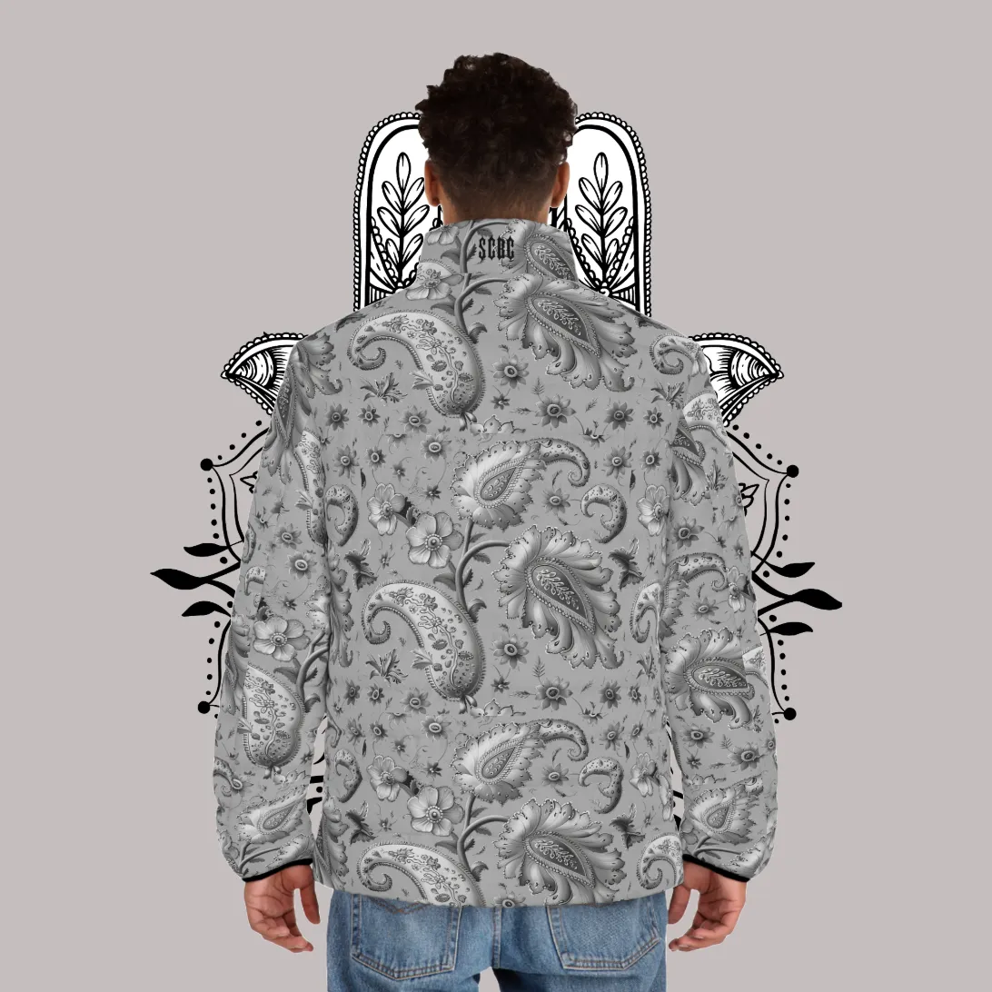 Men's SCBC "El Gris" Puffer Jacket (AOP). Puffer Jacket, Spring, Mens Clothes, Warm Jacket, Lightweight, Paisley Print, Graphic Design.