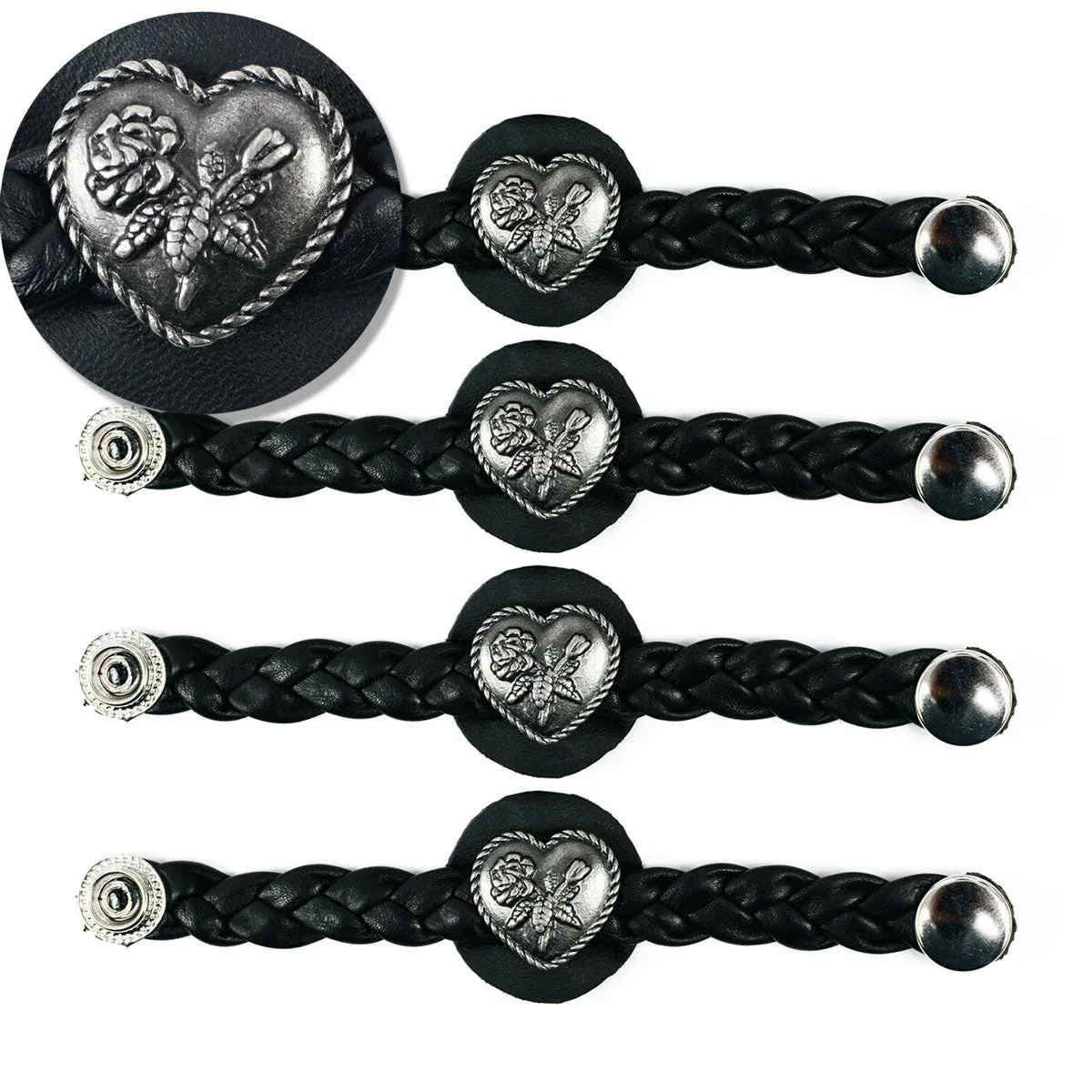 Milwaukee Leather Heart Medallion Vest Extender Genuine Leather Braided Strap 6.5" Extension 4-PCS MLA6067SET