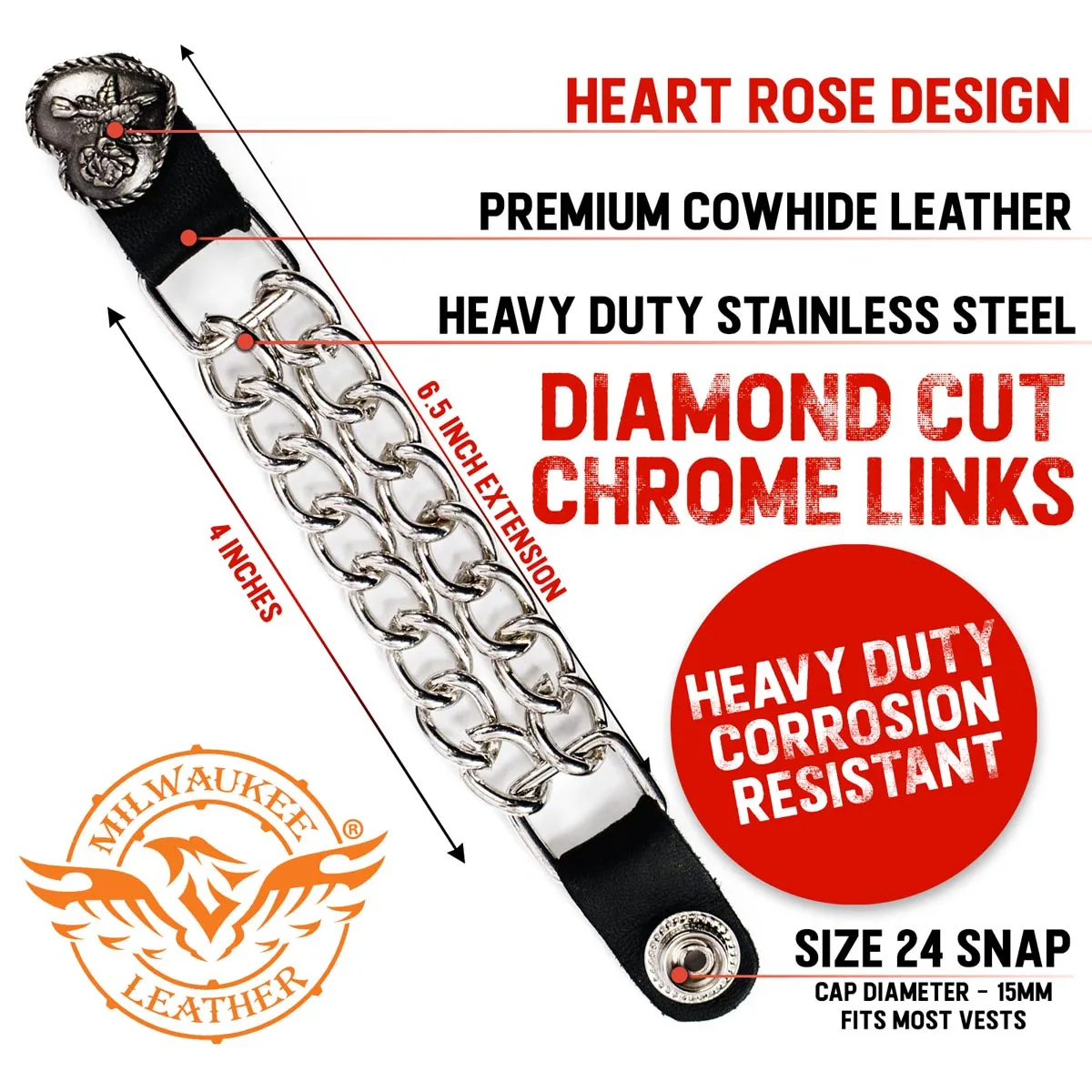 Milwaukee Leather Heart Rose Medallion Vest Extender - Double Chrome