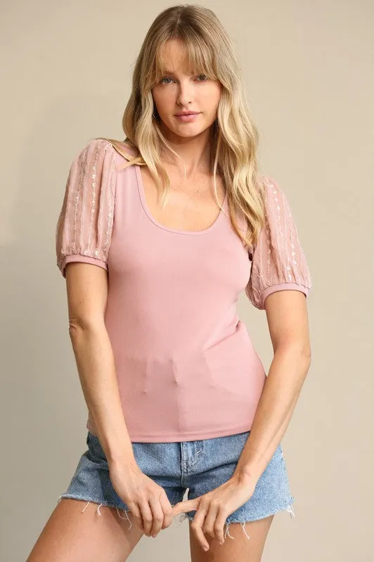 Oh Darling Solid/Textured Sheer Puff Sleeve Top with Scoop Neck in Black/Dusty Pink