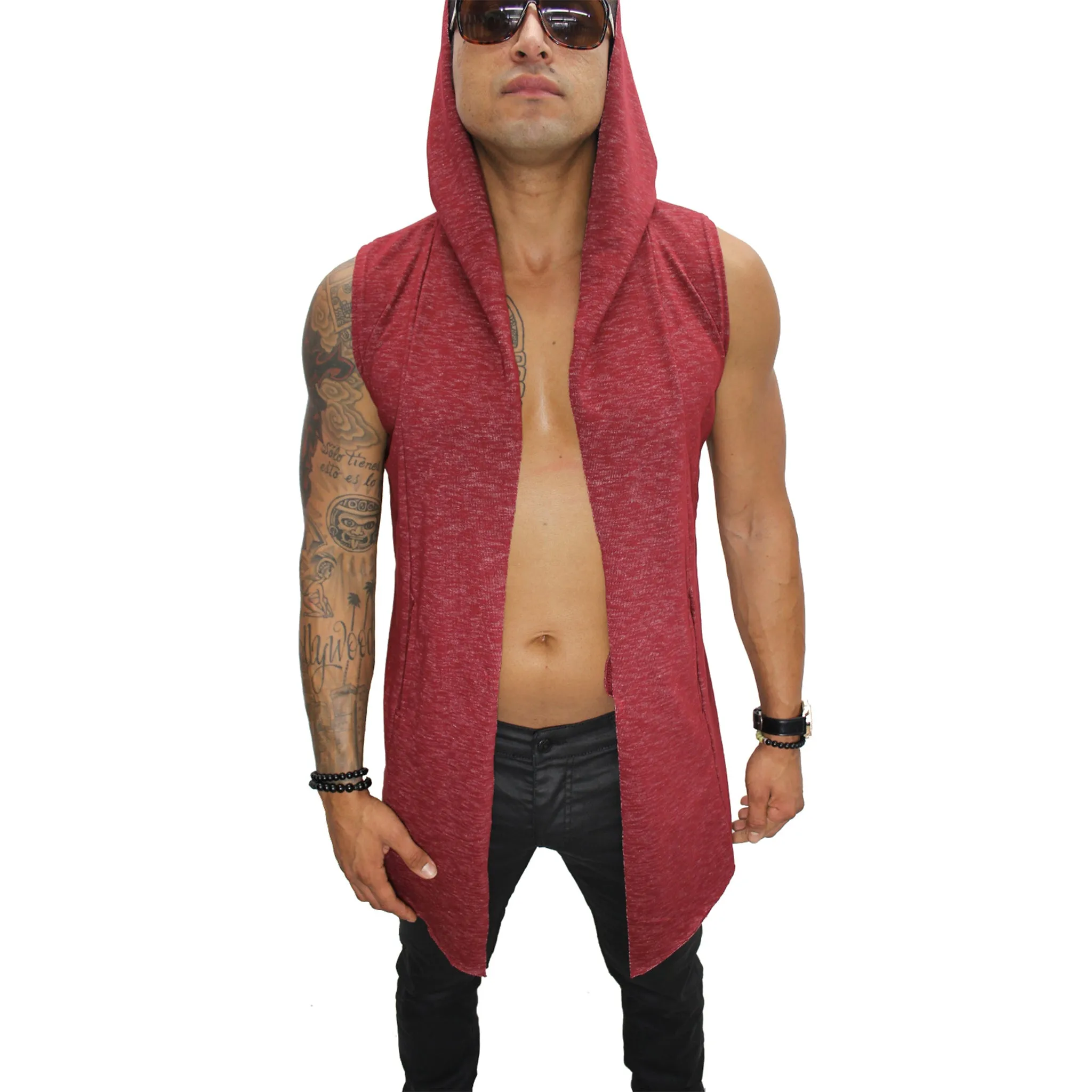 Orion Red Sleeveless Long Cardigan w/Hoodie