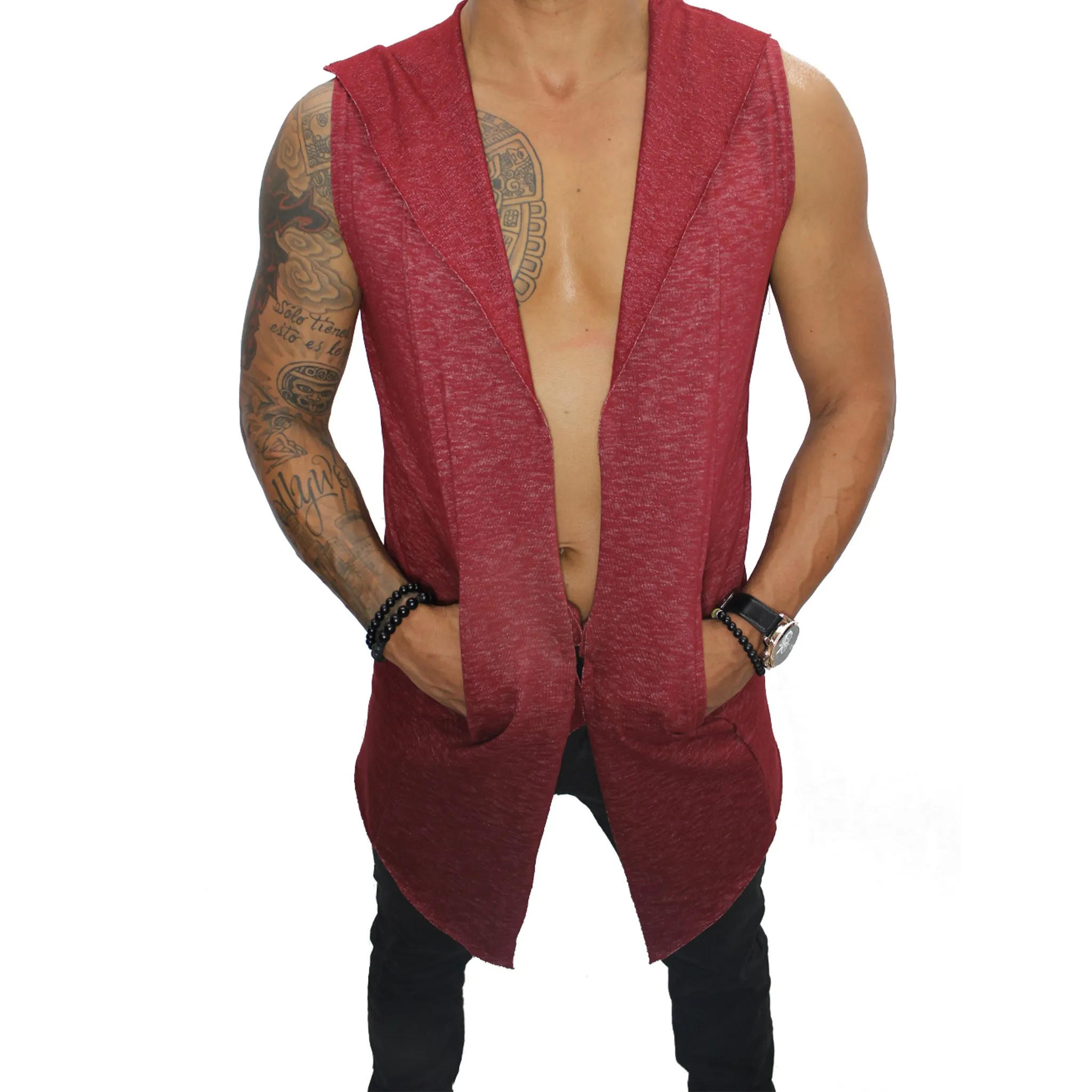 Orion Red Sleeveless Long Cardigan w/Hoodie