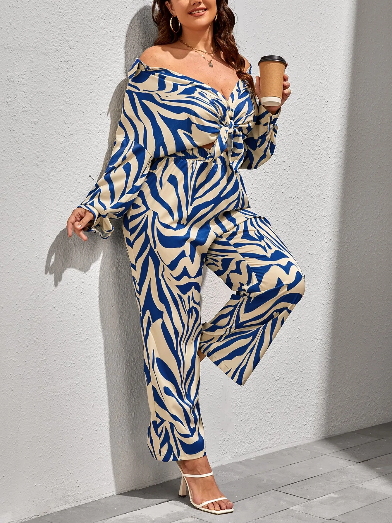 Plus Zebra Striped Drop Shoulder Shirt Pants