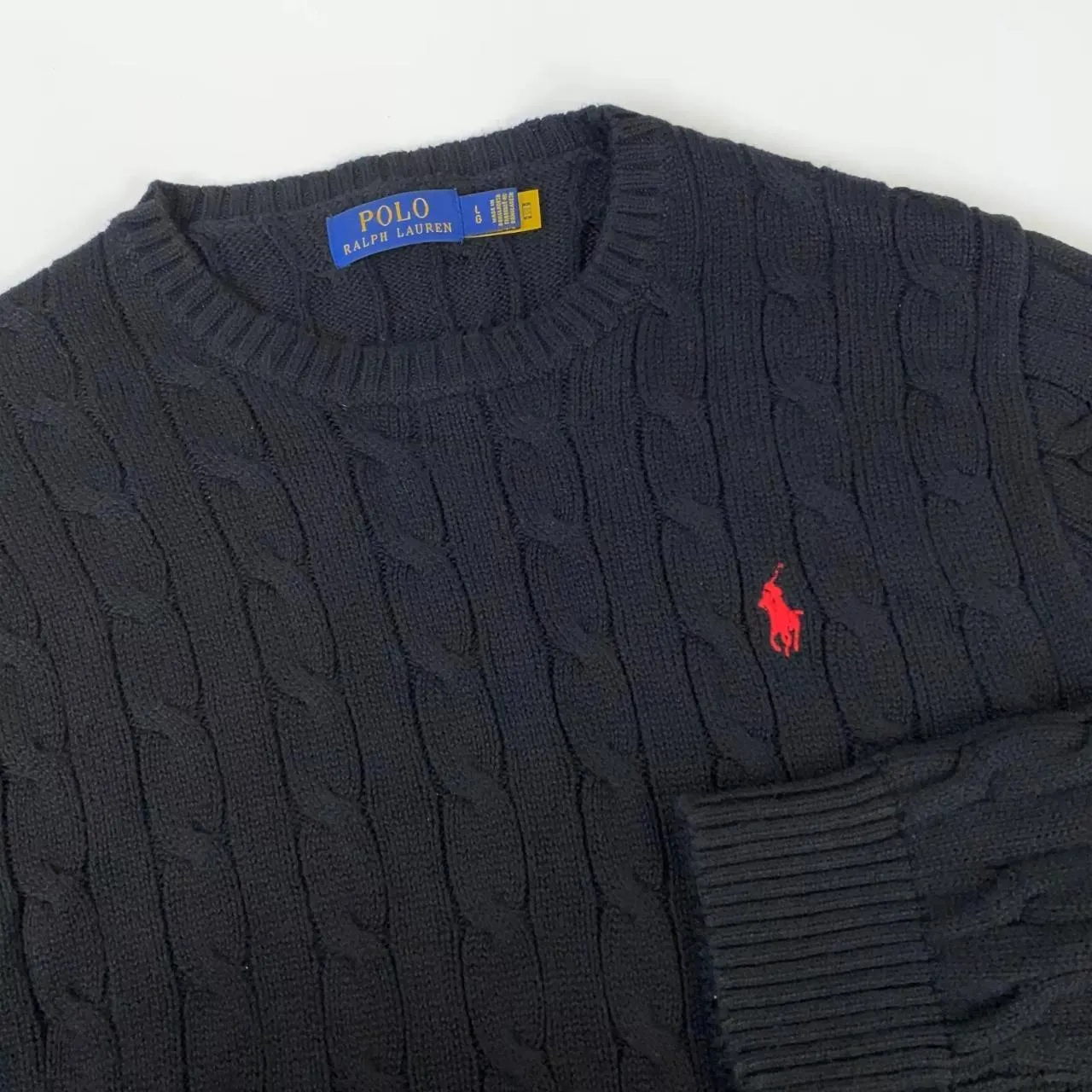 Preowned Polo Ralph Lauren Womens Cable-Knit Jumper Size L Black Crewneck Sweater Logo