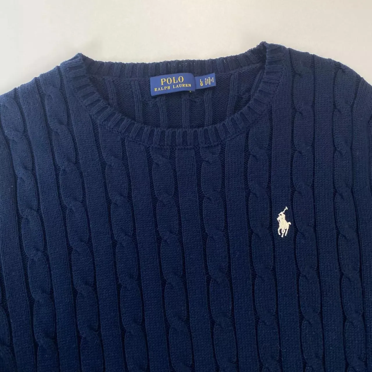 Preowned Polo Ralph Lauren Womens Cable-Knit Jumper Size L Navy Crewneck Logo Sweater.