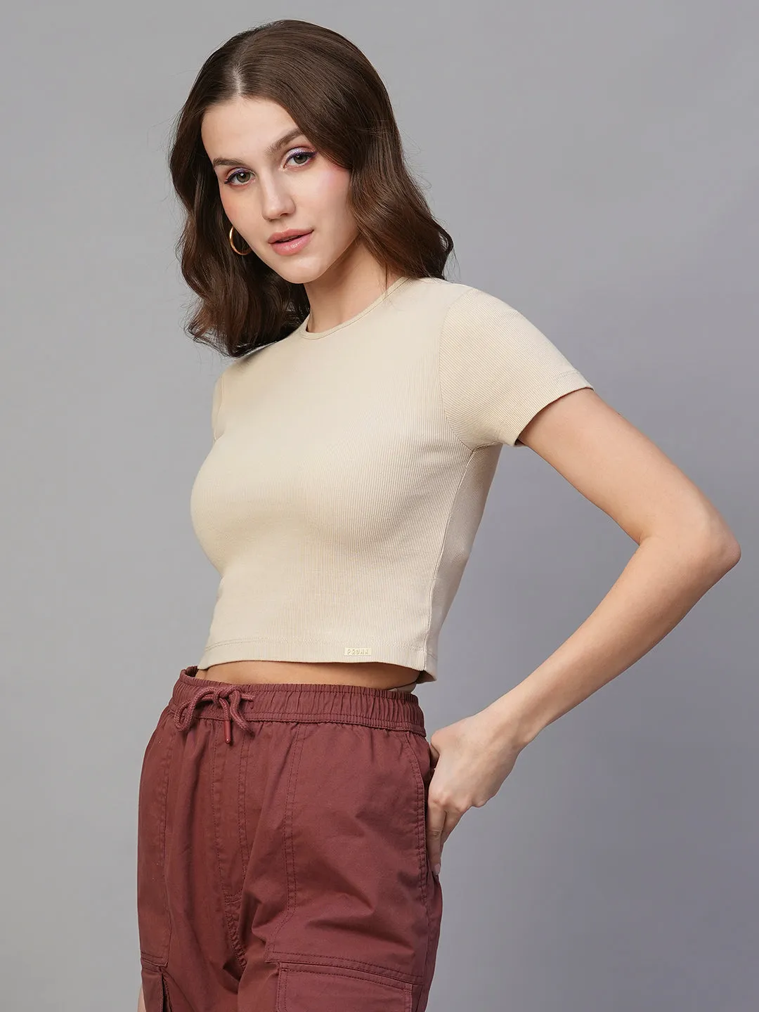 Pronk Ribbed Half Sleeve Crop Top - Off White