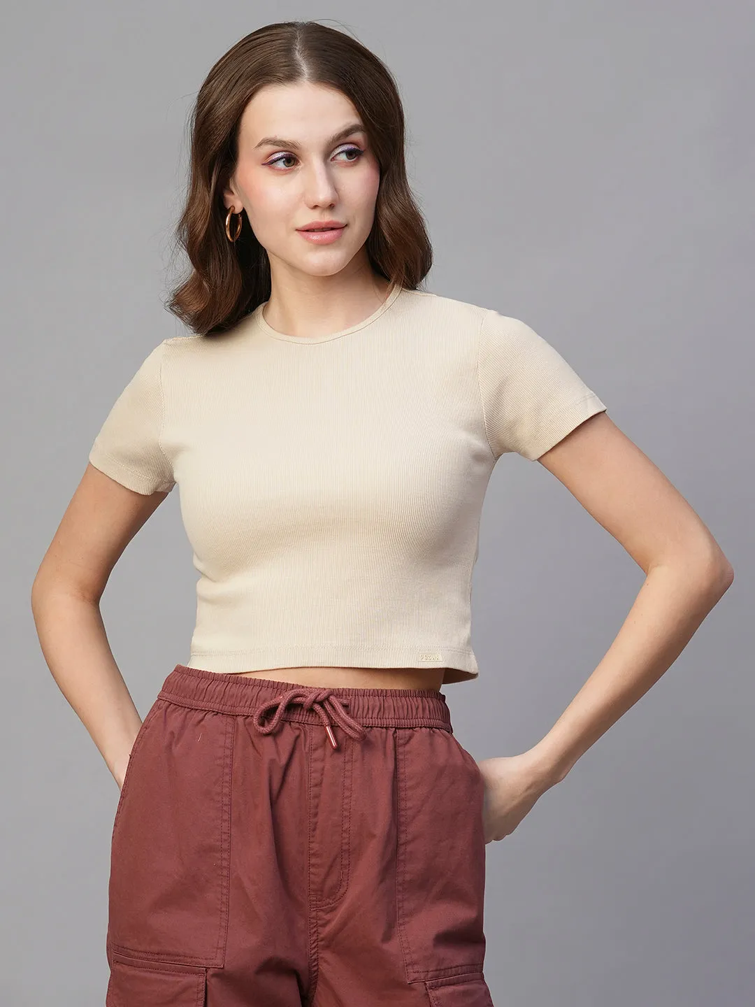 Pronk Ribbed Half Sleeve Crop Top - Off White