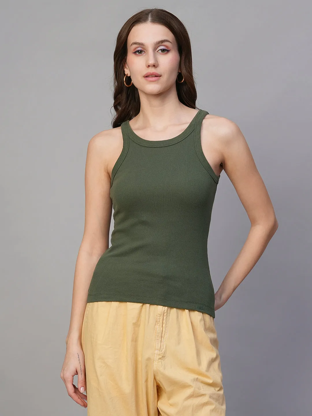 Pronk Ribbed Sleeveless Tank - Olive Green