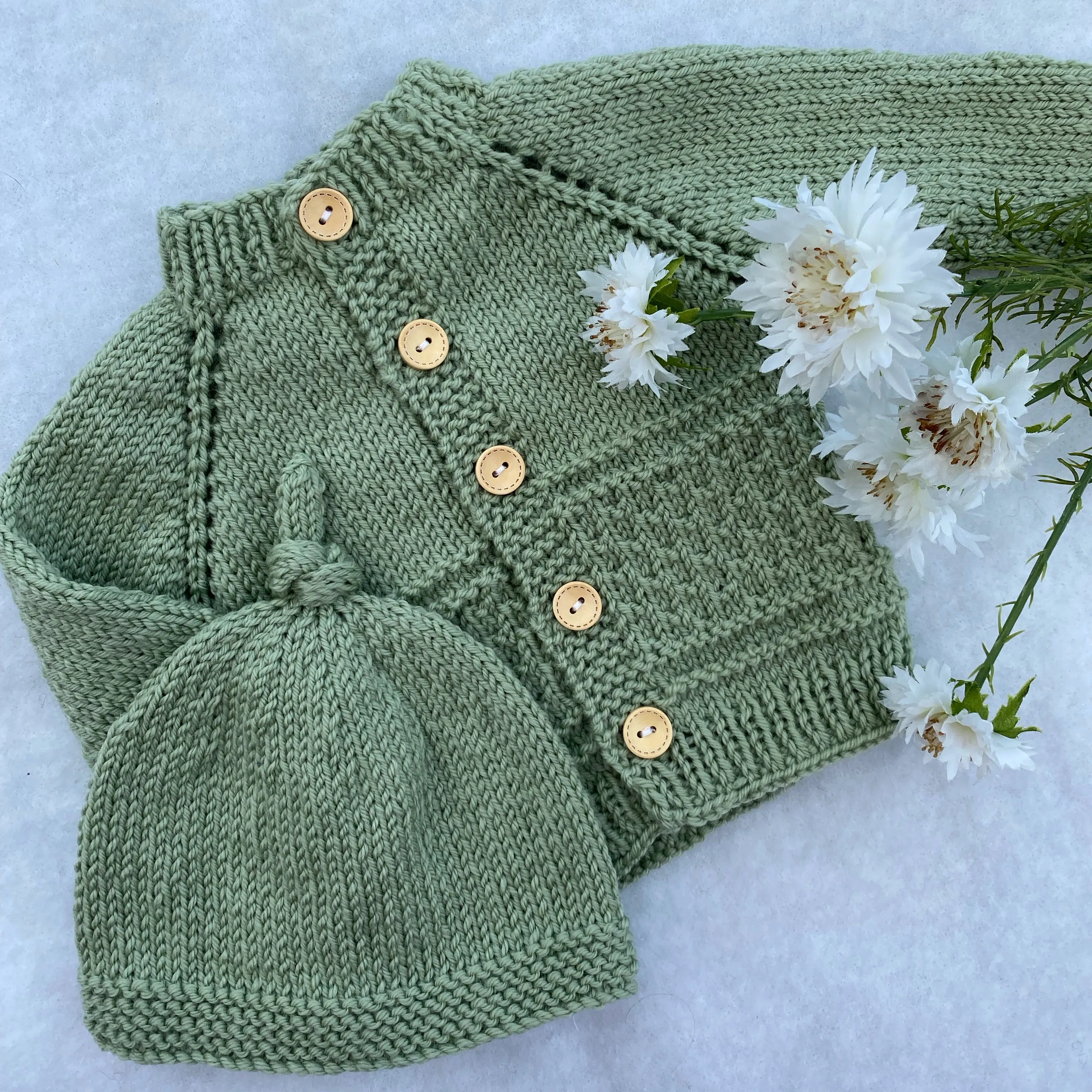 "Kinzie" patterned merino baby cardigan & hat set