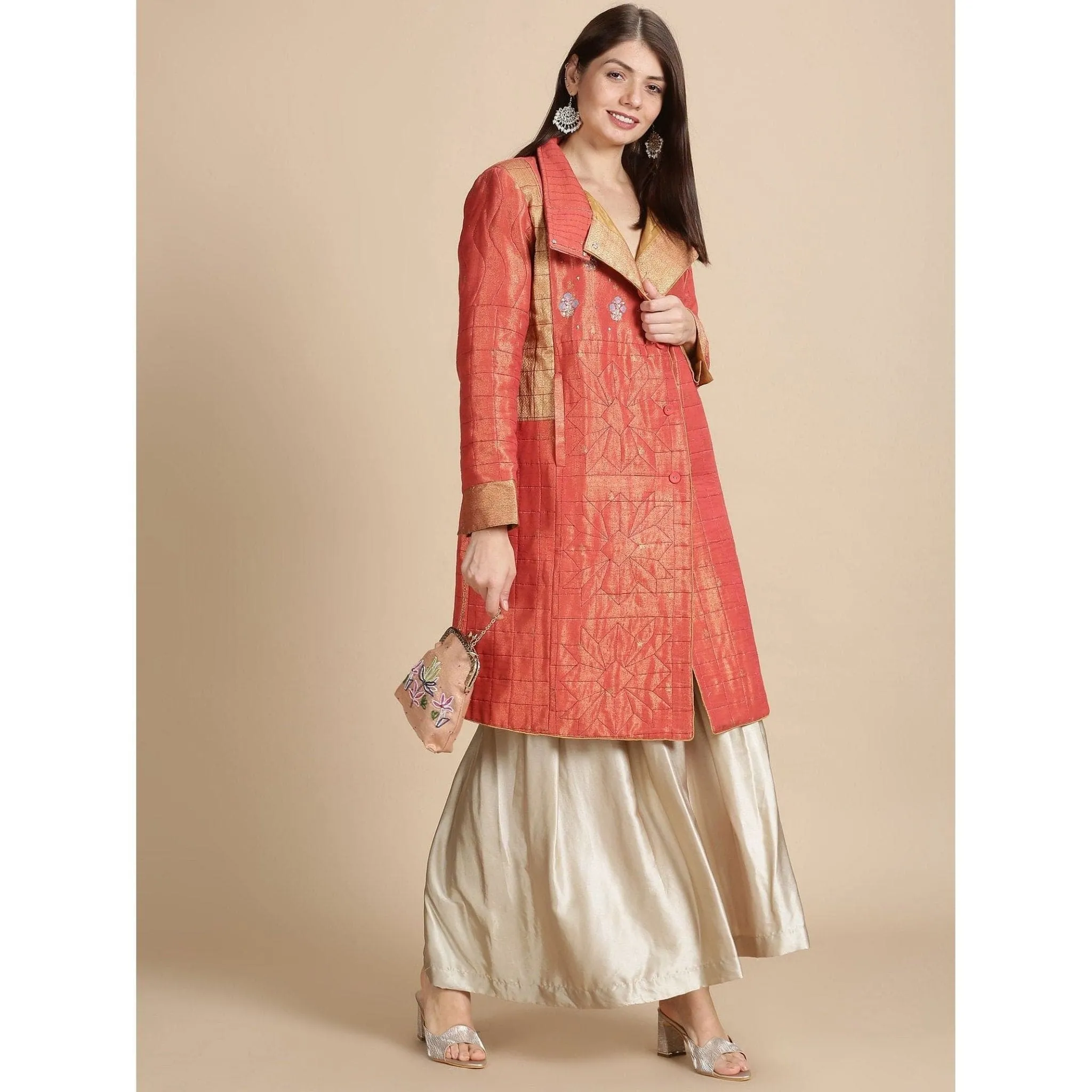 Red Banarsi Zari Quilted Jacket