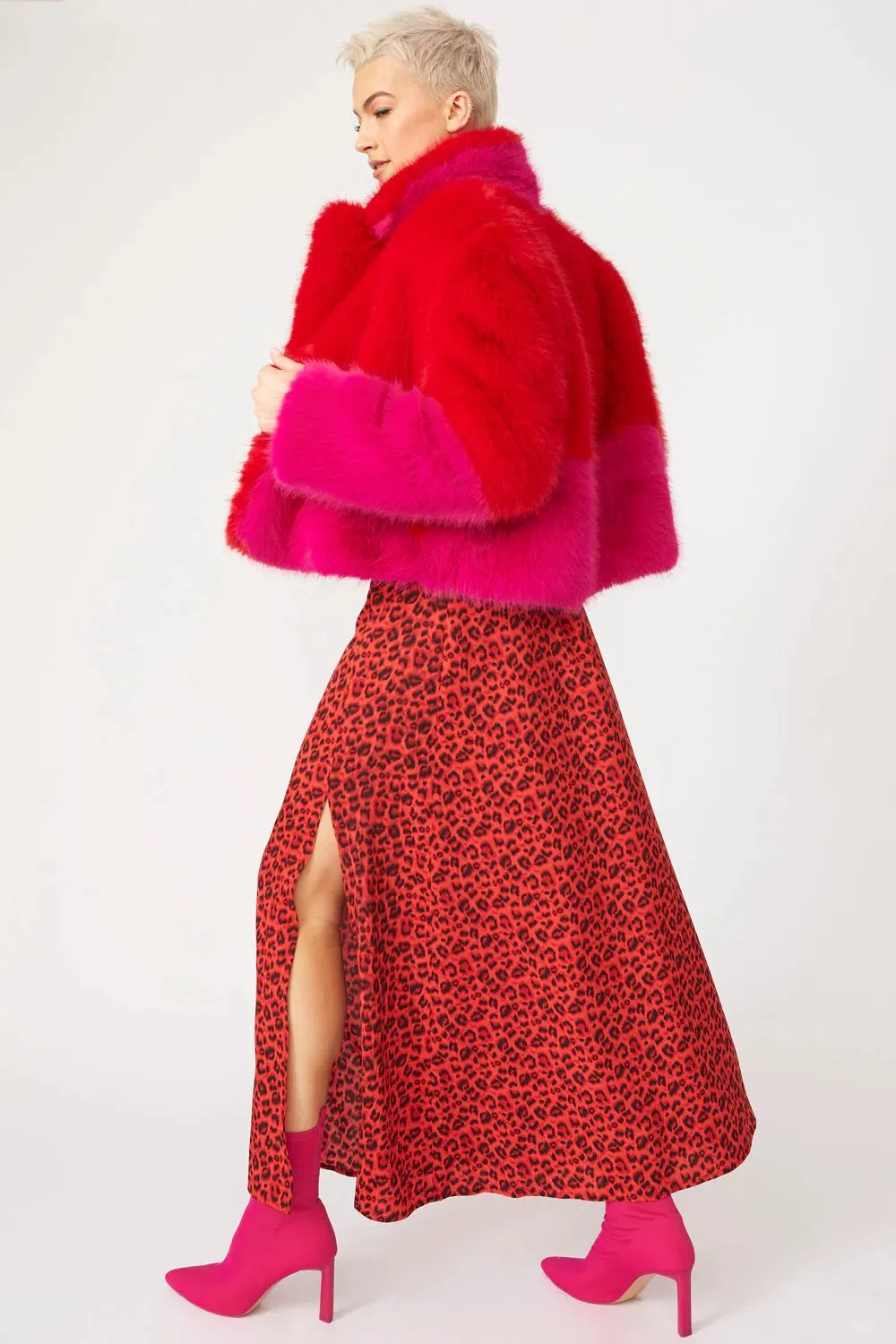 Red Pink Bamboo Faux Fur Double Cropped Coat