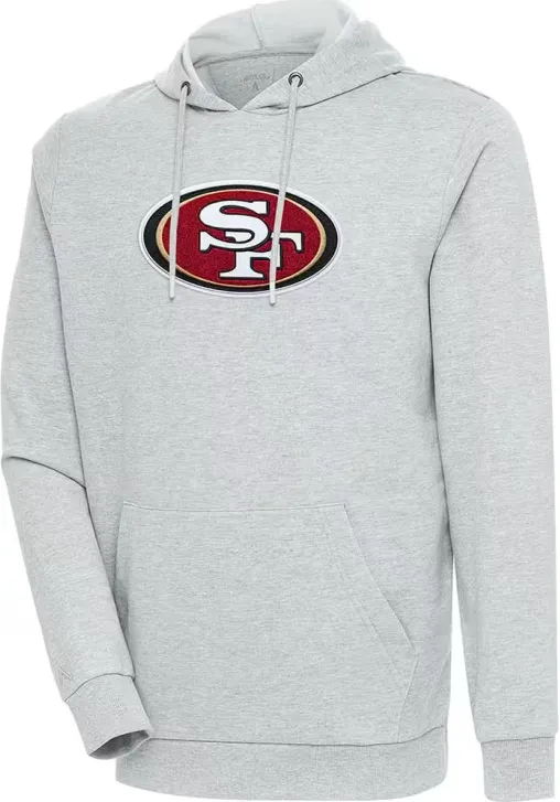 San Francisco 49ers Antigua Action Chenille Pullover Hoodie - Heathered White