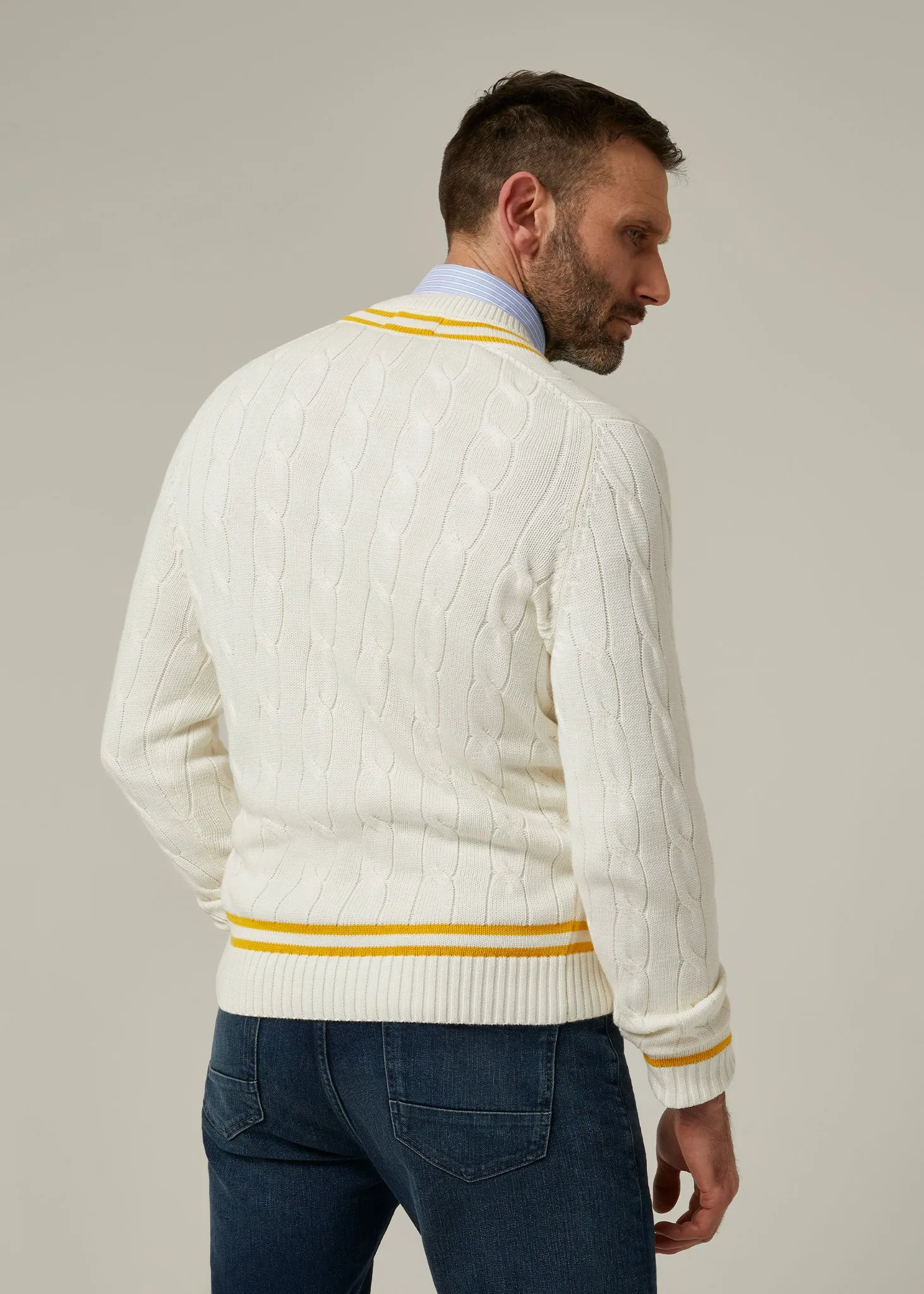 Sandridge Cable Knit Cricket Jumper In Ecru & Gold