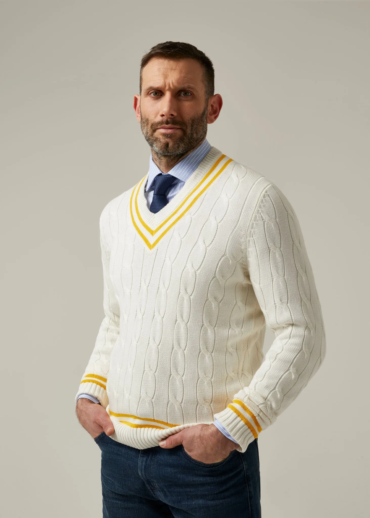 Sandridge Cable Knit Cricket Jumper In Ecru & Gold