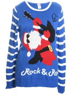 Santa Claus Design Blue Knit Christmas Jumper - L