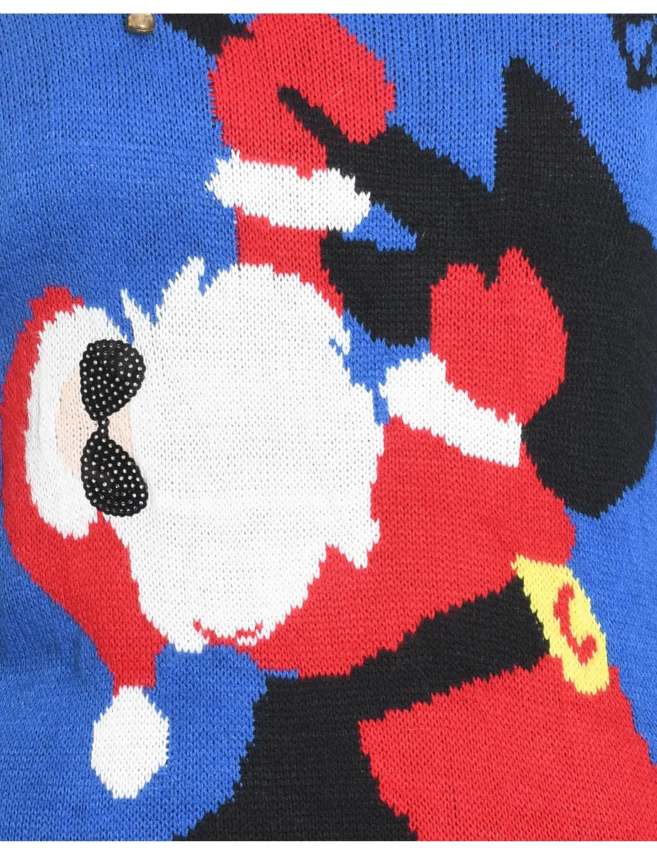 Santa Claus Design Blue Knit Christmas Jumper - L